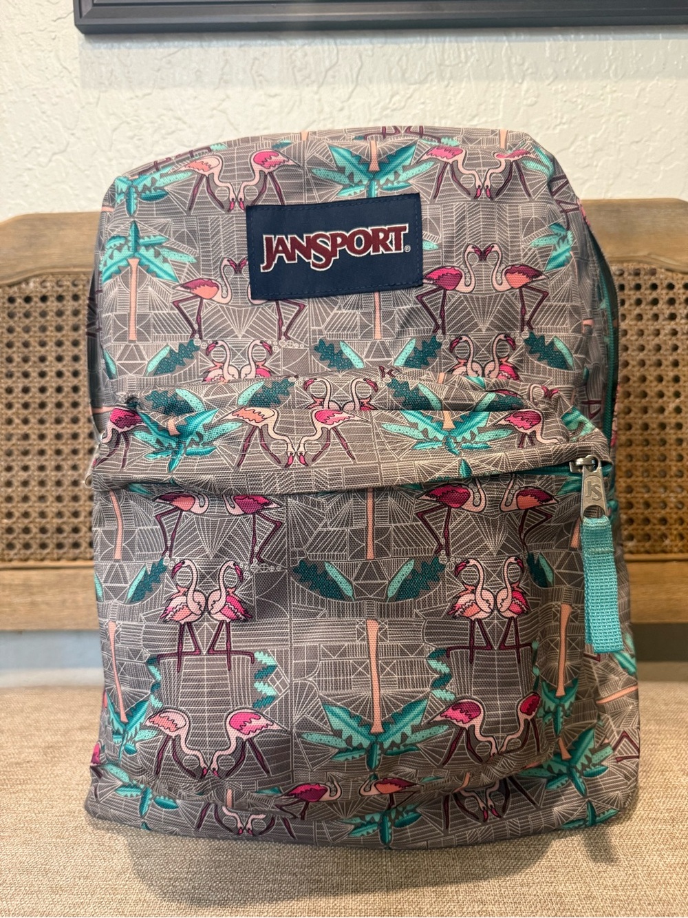 Jansport Gray Backpack with Teal and Pink Flamingo Print